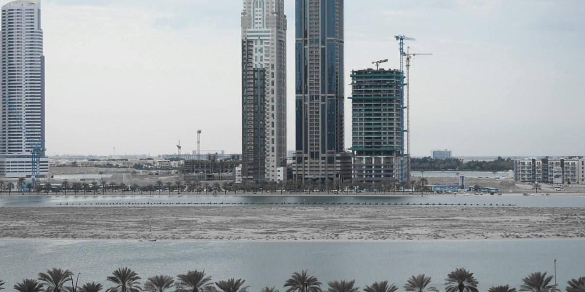 Modern Dubai residential towers and waterfront view
