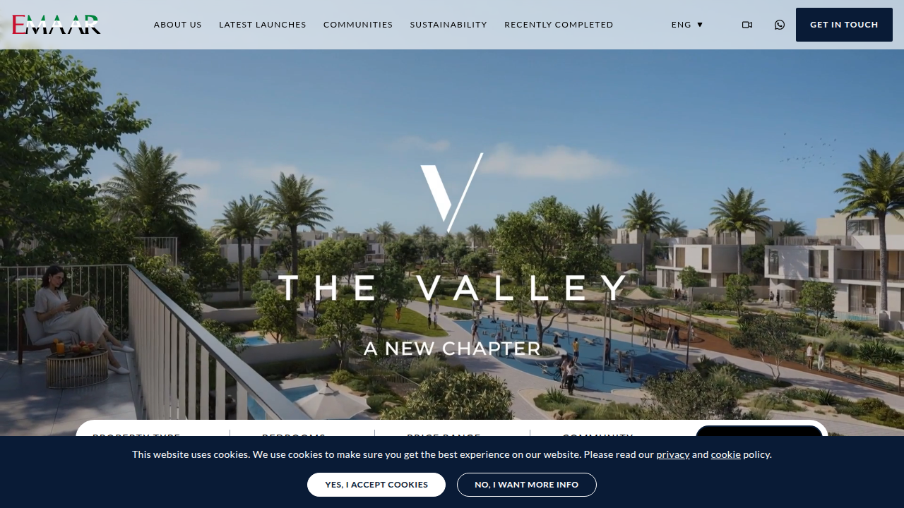 A view of Emaar Properties' official website, showcasing their commitment to shaping modern Dubai's skyline and communities.