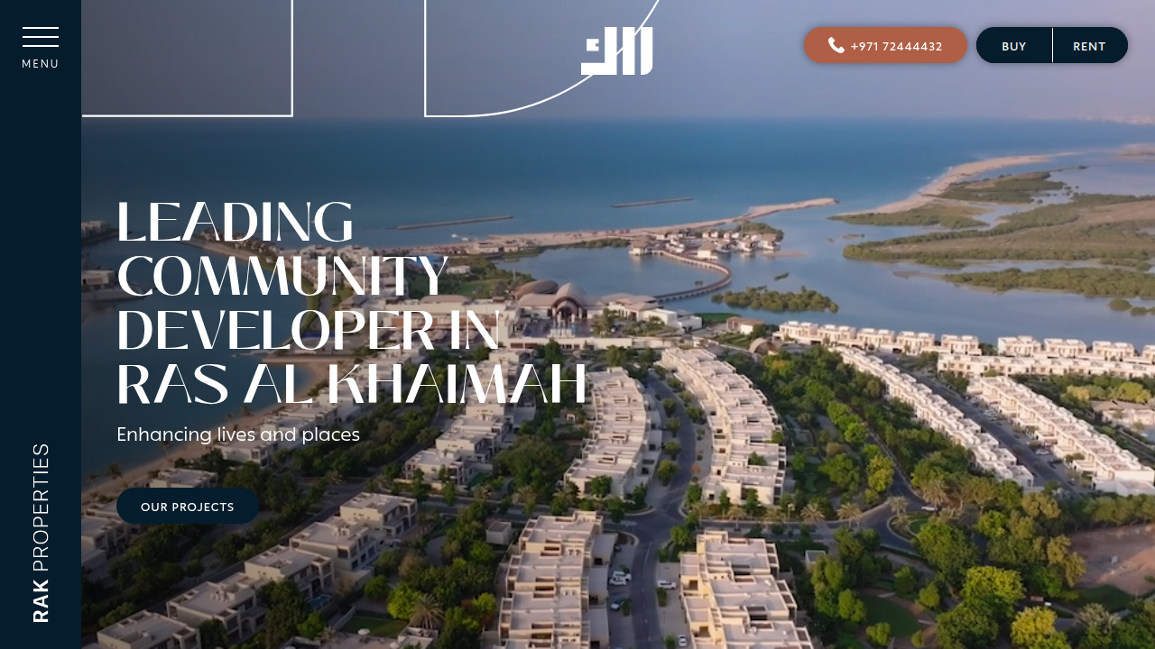 The official website of RAK Properties, highlighting their projects in the growing region of Ras Al Khaimah.