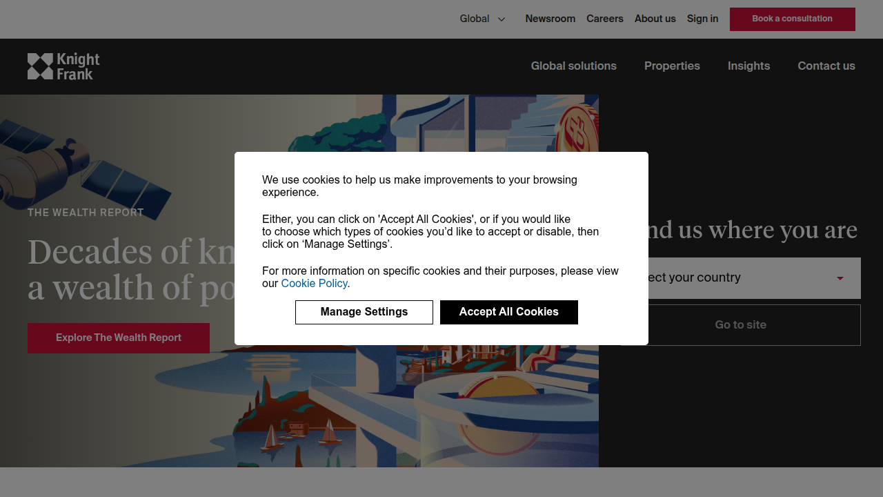 Screenshot of Knight Frank's official website, highlighting their global presence and real estate services.