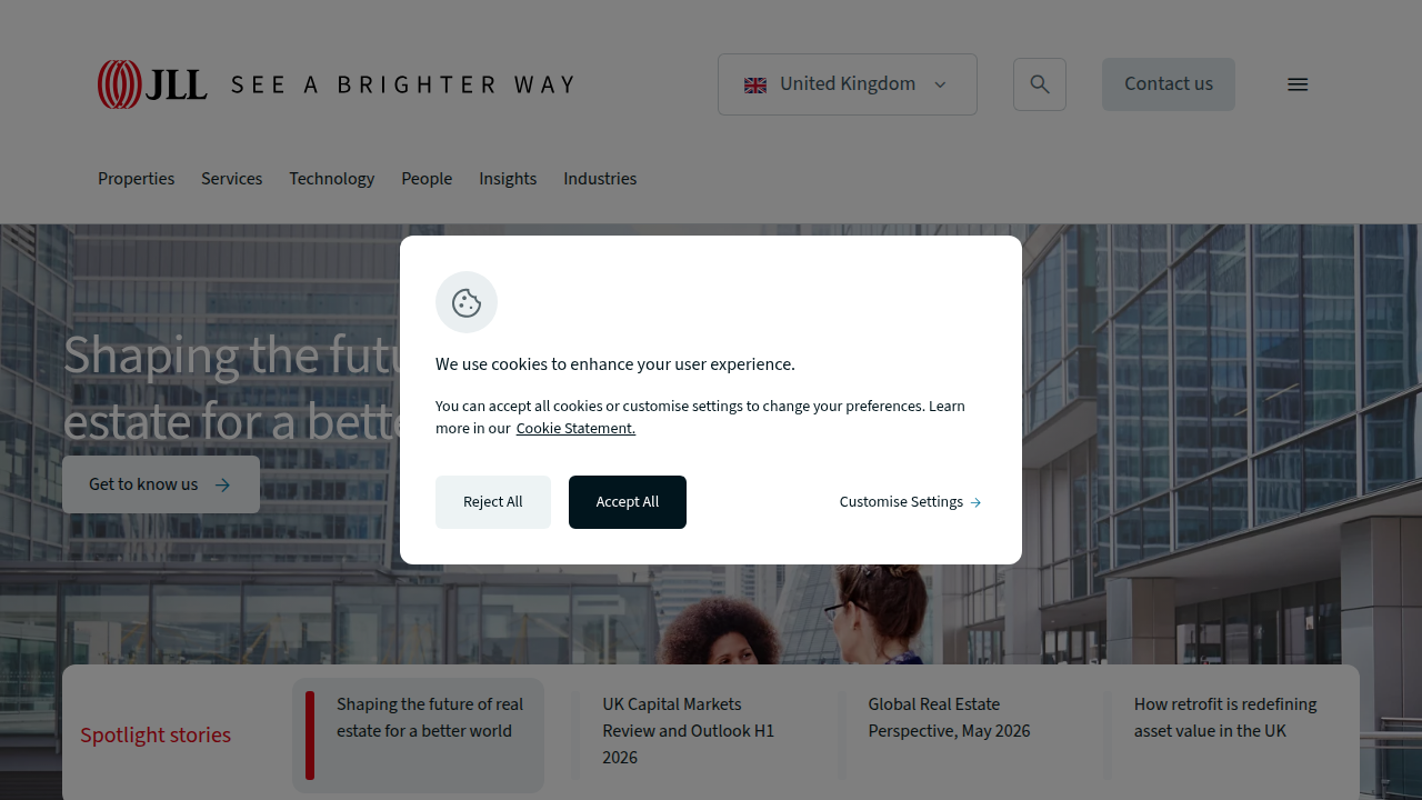 Screenshot of JLL's official website, reflecting their position as a major player in commercial and residential real estate.