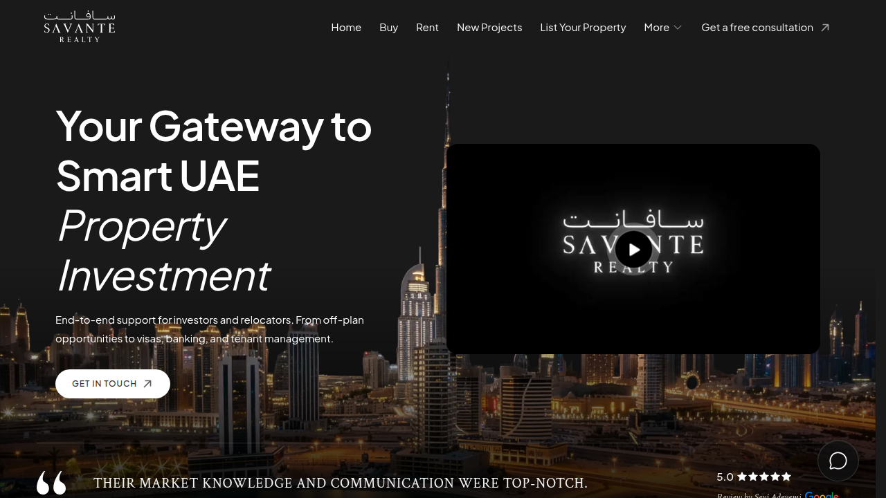 Screenshot of the Savant Realty homepage, offering resources and guidance on Dubai's real estate regulations.