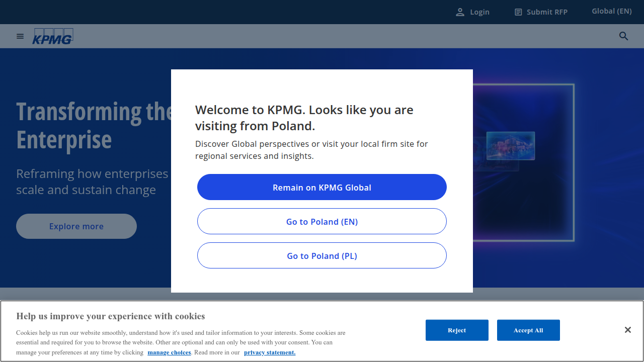 The homepage of KPMG, a global professional services firm offering insights on various regulations and economic updates.