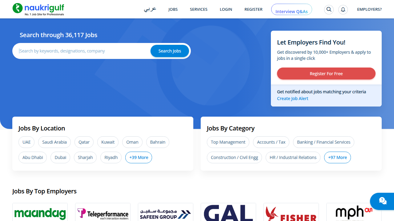 A screenshot of Naukrigulf's homepage, a leading job portal where real estate marketing roles are frequently listed.