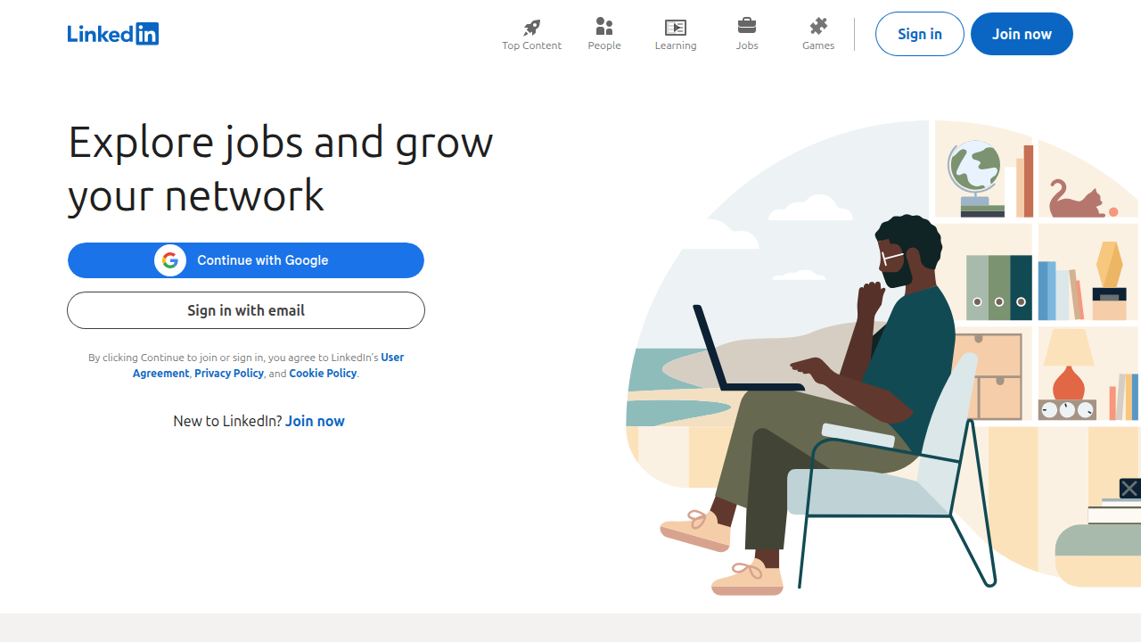 The LinkedIn professional networking platform homepage, a key tool for career development and industry connections.