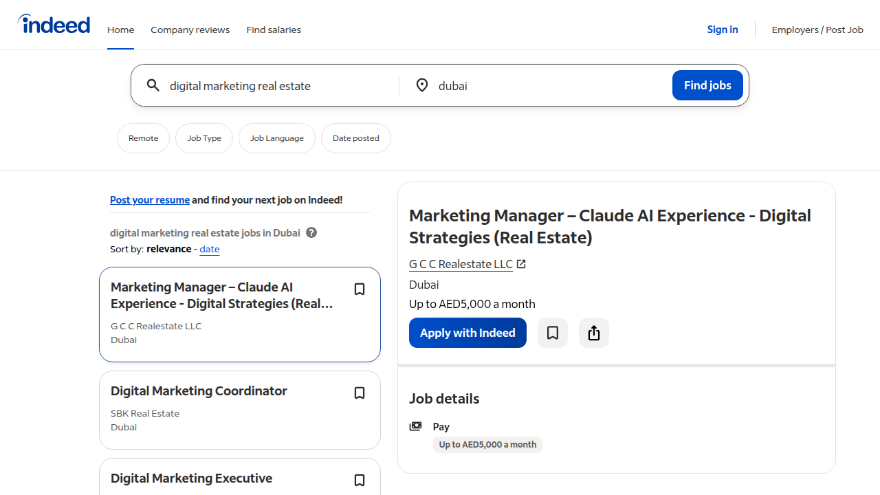 A snapshot of active digital marketing real estate job listings on Indeed for Dubai, reflecting the high demand in the booming market.