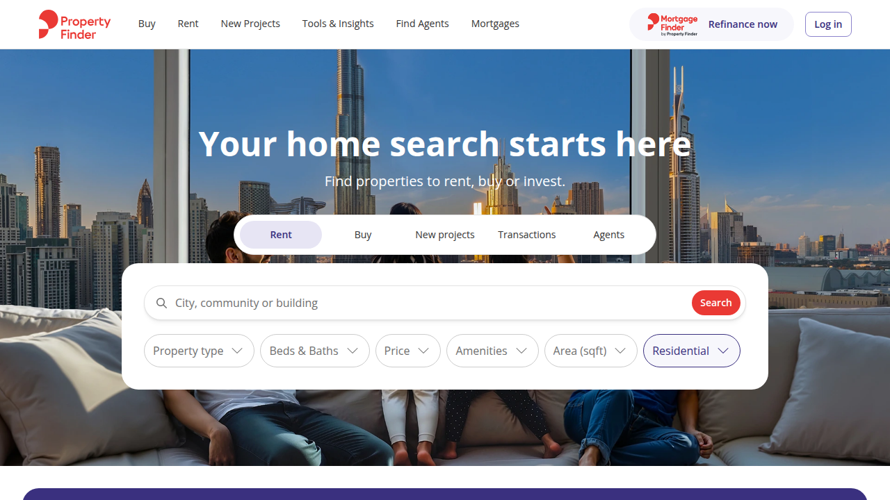 Screenshot of the Property Finder homepage, a prominent real estate portal in the UAE for property listings and inquiries.