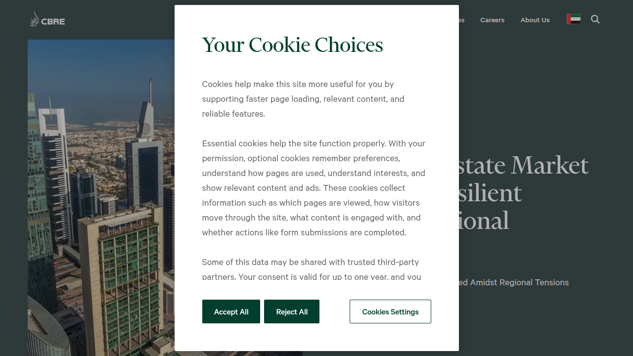 The CBRE UAE homepage, offering commercial real estate services and market analysis in the region.