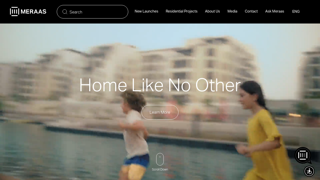 Screenshot of Meraas homepage, a prominent Dubai-based developer offering insights into property types.