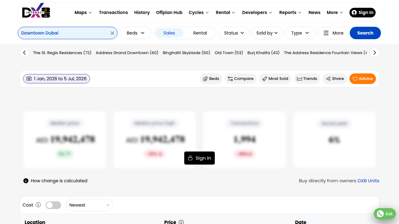 Screenshot of the DXBInteract homepage, the Dubai Land Department's public portal for real estate transaction data.