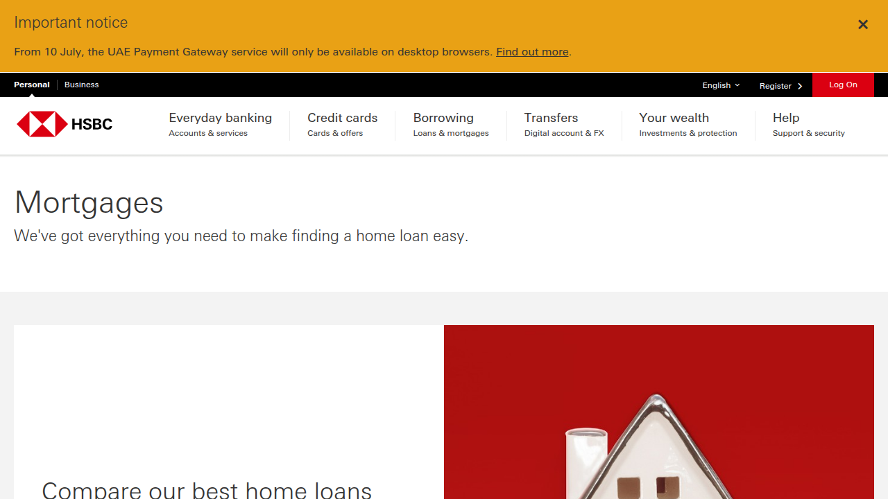 Screenshot of HSBC UAE's mortgage offerings page, detailing loan options and interest rates for home buyers.