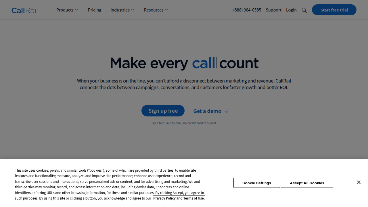 CallRail's website, a resource for tracking and analytics in marketing, including paid social trends.
