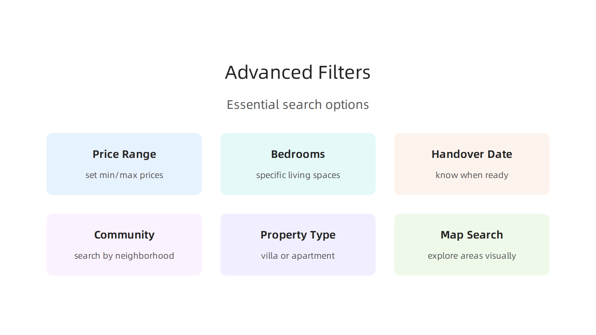 Essential search filters for buyers navigating Dubai's diverse property market.