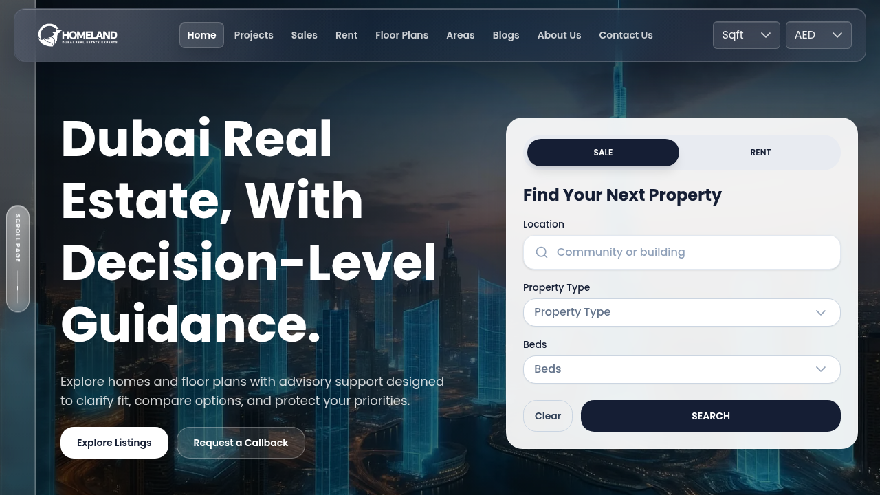 Screenshot of Homeland.ae, a UAE property portal and resource for real estate laws.