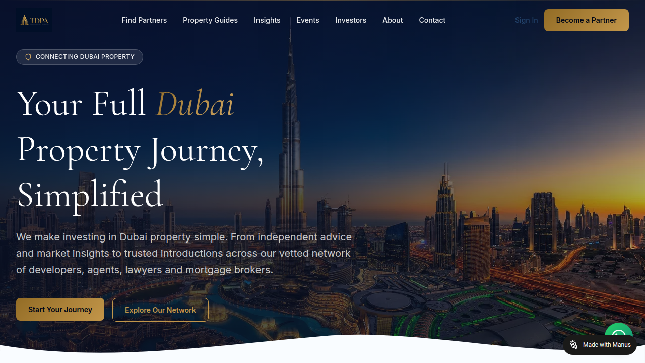 Screenshot of The Dubai Property Association homepage, highlighting their directory for trusted real estate professionals.