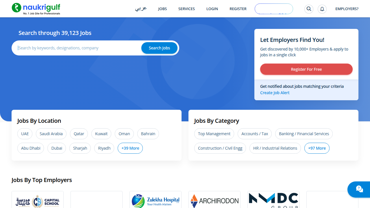A screenshot of Naukri Gulf's homepage, a popular online job portal in the Middle East for real estate opportunities.