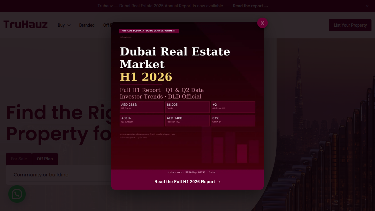 Screenshot of the Truhauz homepage, a platform offering insights and services for the Dubai real estate market.