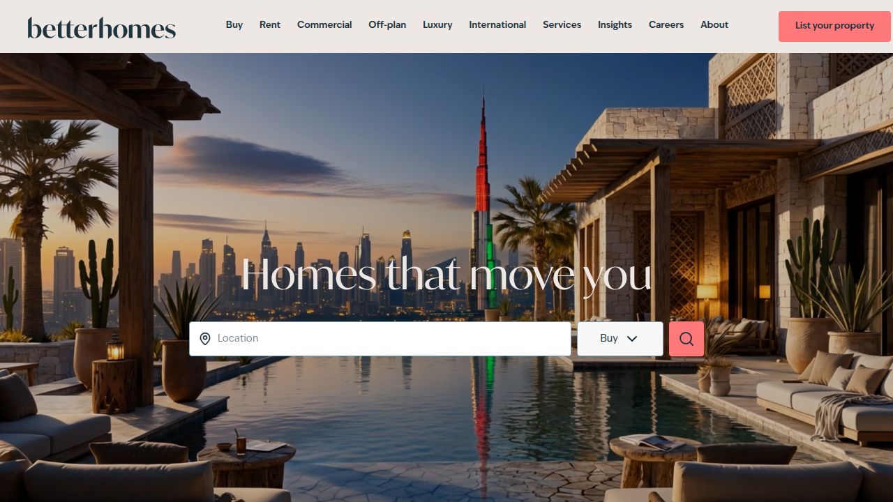 Screenshot of the Betterhomes Dubai website homepage, a prominent real estate agency in the UAE.