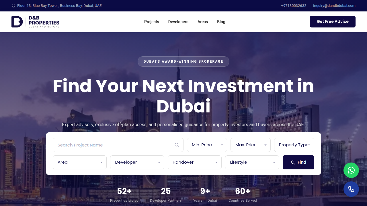 Screenshot of the D&B Dubai homepage, a resource for market insights and reports on the Dubai real estate sector.